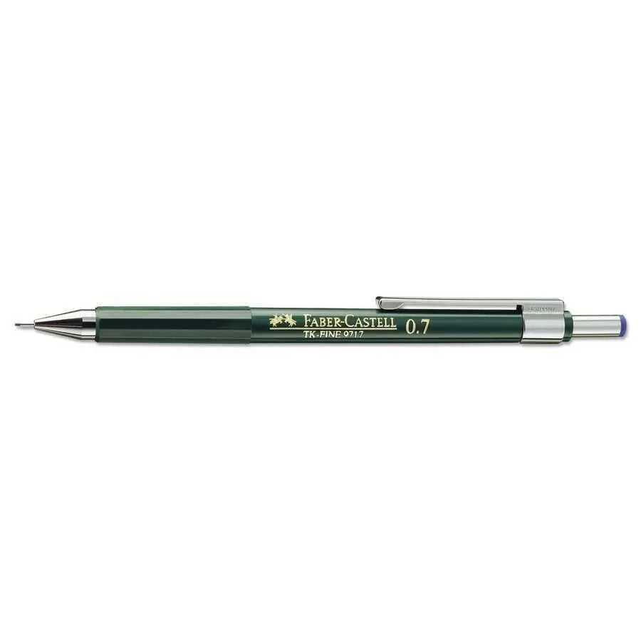 Faber Castell TK Fine 9717 versatil kalem koyu yeşil gövde, krom klips ve mavi başlık, 0.7 mm