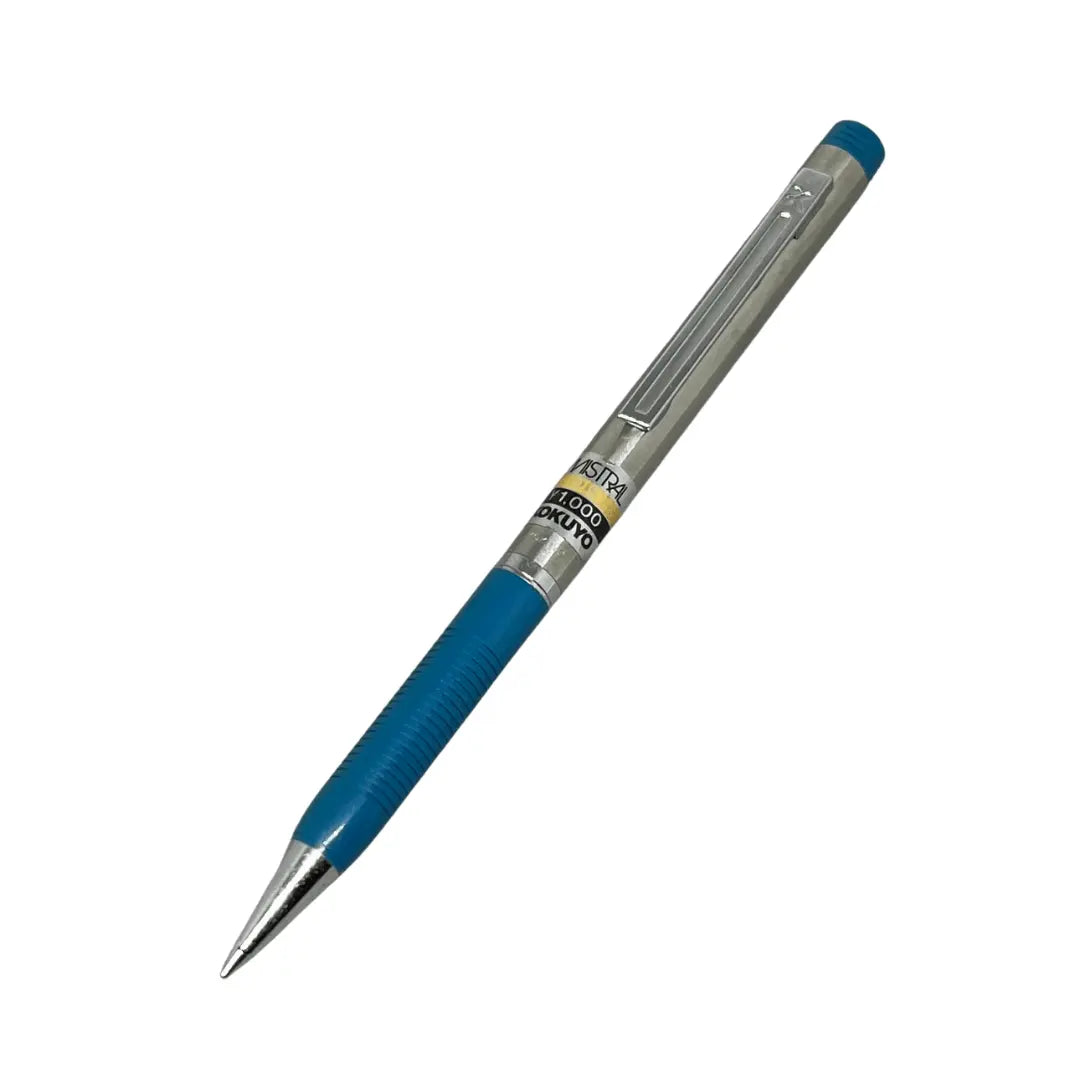 Kokuyo Body Knock Vintage versatil kalem, çelik gövde ile mavi kavrama ve mavi arka başlık, 0.5 mm