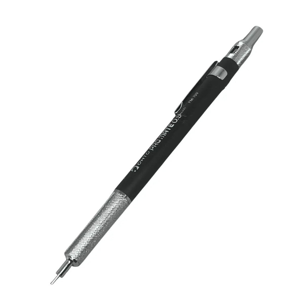 Ohto Promate vintage versatil kalem, mat siyah gövde ve tırtıklı krom kavrama, açılı tam boy, 0.9 mm