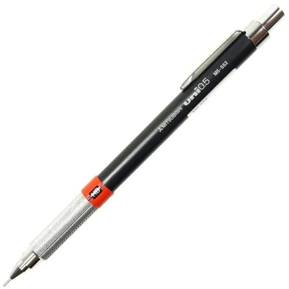 Uni M5-552 versatil kalem siyah gövde ve tırtıklı metal kavrama, turuncu HB bileziği, 0.5 mm