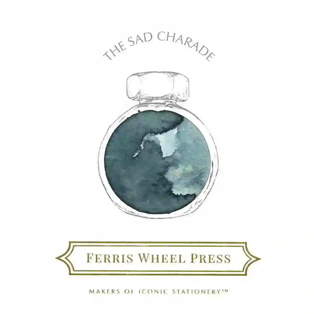 Ferris Wheel Press The Sad Charade renk kartı, sulu boya etkili gri yeşil mürekkep çizimi