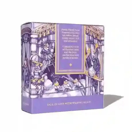 Harlequin Dream kutusunun açılmış iç kapağı, mor sirk illüstrasyonu ve mürekkep açıklama metni