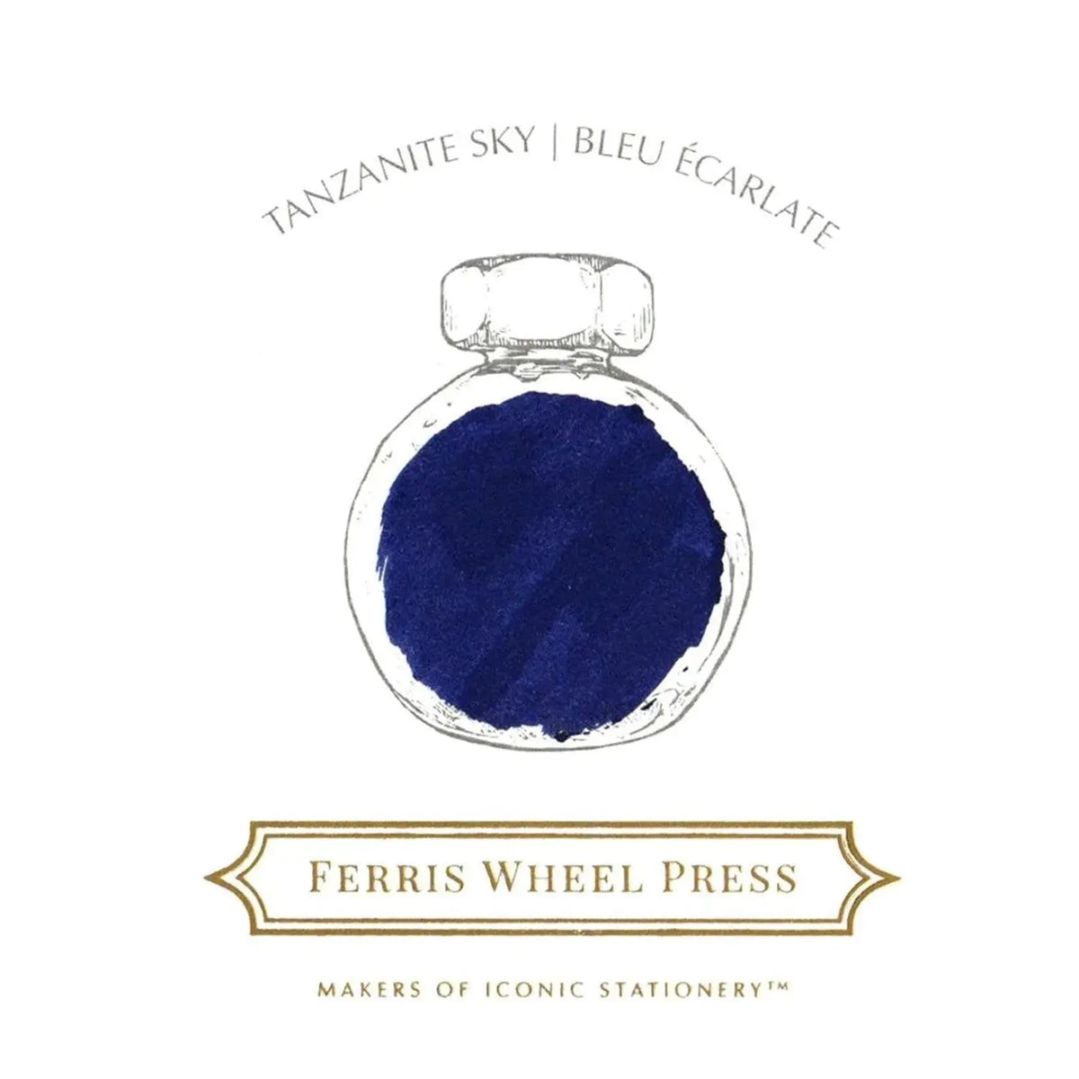 Ferris Wheel Press Tanzanite Sky renk kartı, çizilmiş şişe içinde lacivert mürekkep lekesi