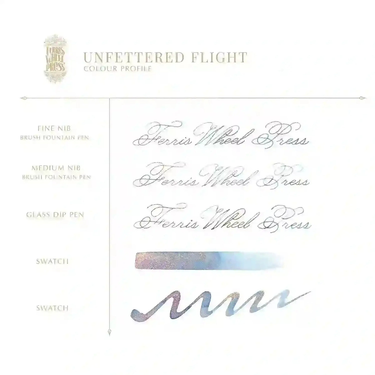 Unfettered Flight renk profili karesi, ince ve orta uç yazı örnekleri ile iki renk numunesi