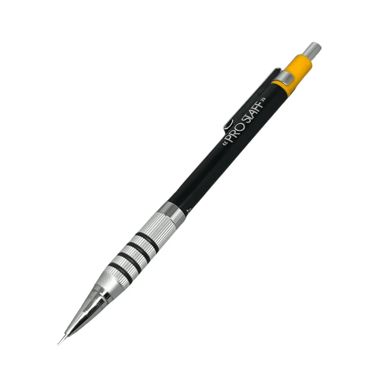 Uni Pro Staff vintage versatil kalem siyah gövde, sarı başlık ve tırtıklı krom grip, 0.3 mm