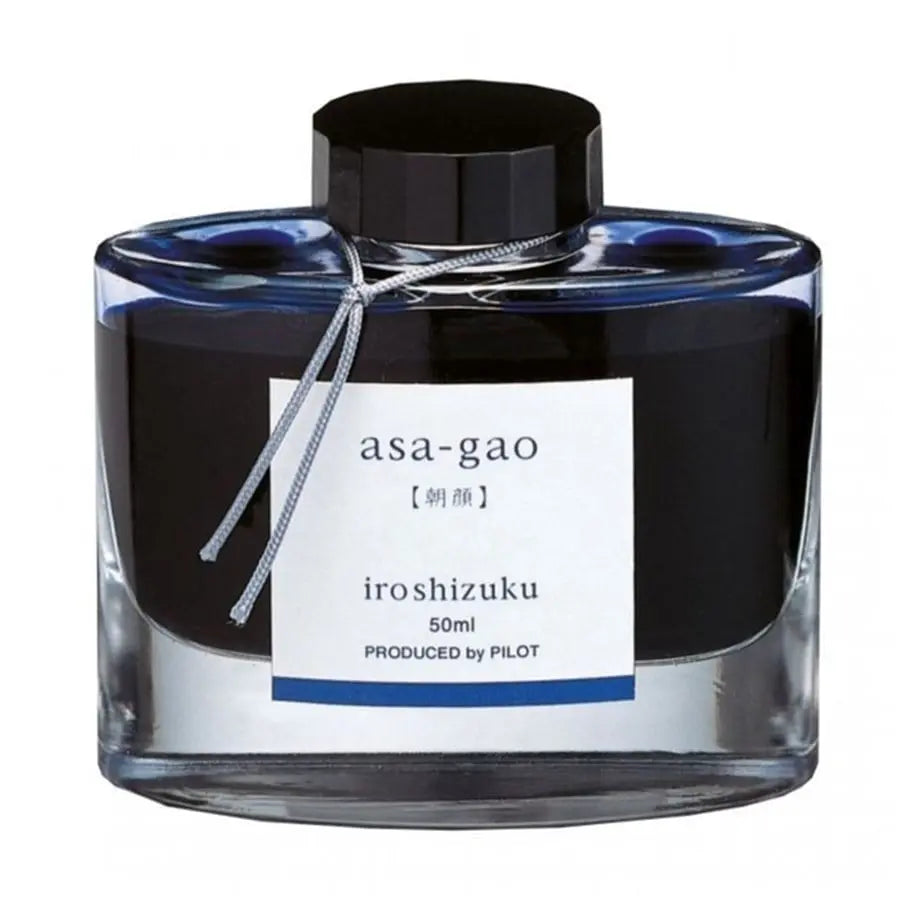 Pilot Iroshizuku Asa-Gao şişe mürekkep 50 ml, cam şişe ve beyaz etiketi karşıdan
