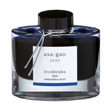 Pilot Iroshizuku Asa-Gao şişe mürekkep 50 ml, cam şişe ve beyaz etiketi karşıdan