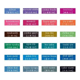 Iroshizuku serisinin 24 mürekkep renginin adlarıyla birlikte gösterildiği renk kartelası, shin-kai en altta
