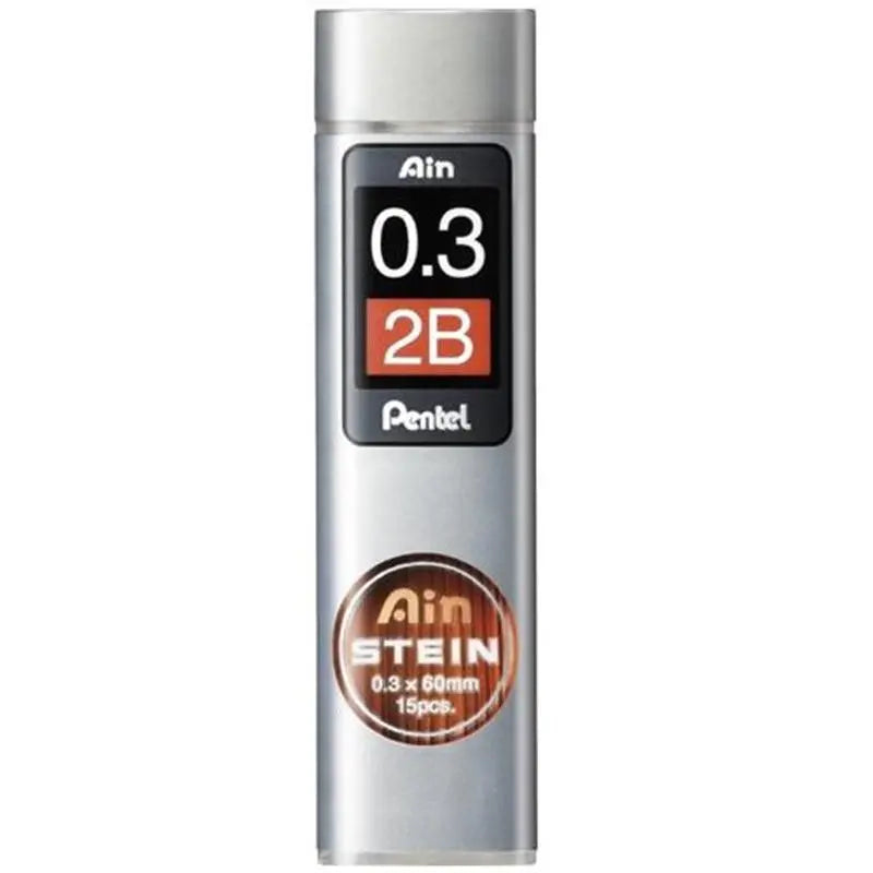 Pentel Ain Stein versatil kalem ucu tüpü, siyah kırmızı etiketinde 0.3 mm ve 2B sertliği yazıyor
