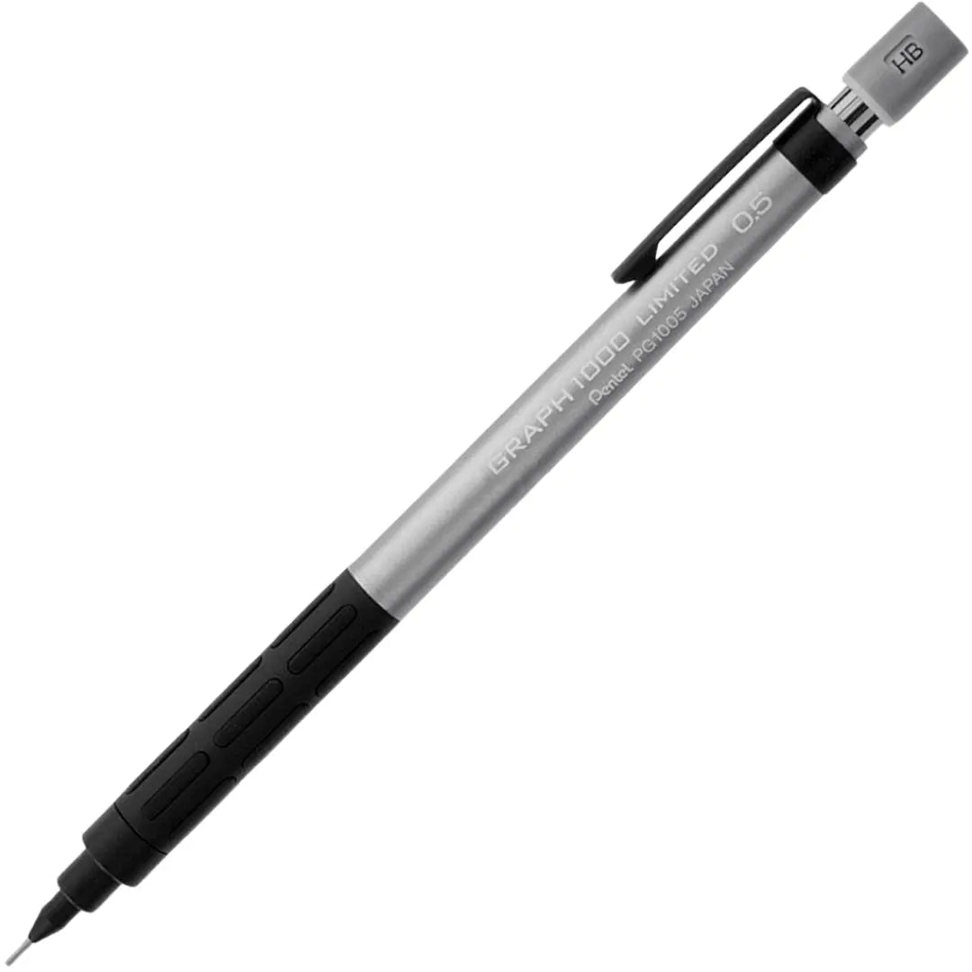 Pentel Graph 1000 Limited versatil kalem gümüş gövde, siyah lastik kavrama ve HB göstergesi, 0.5 mm