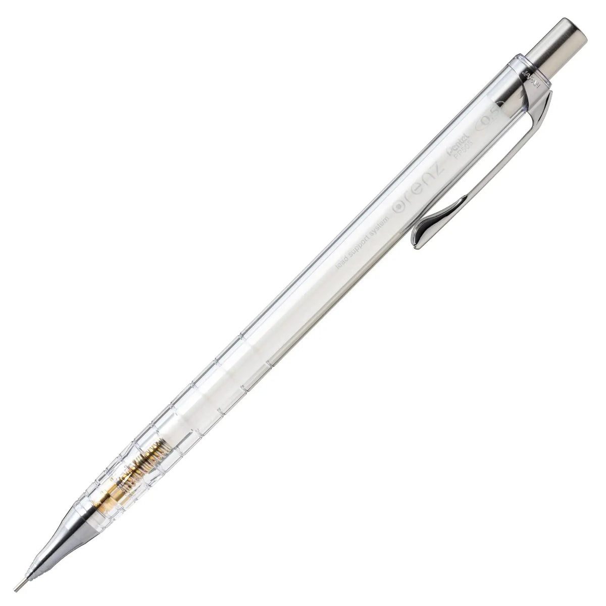Pentel Orenz 10. yıl limitli versatil kalem, beyaz şeffaf gövde ve çelik başlık, tam boy çapraz görünüm, 0.5 mm