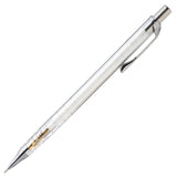 Pentel Orenz 10. yıl limitli versatil kalem, beyaz şeffaf gövde ve çelik başlık, tam boy çapraz görünüm, 0.5 mm