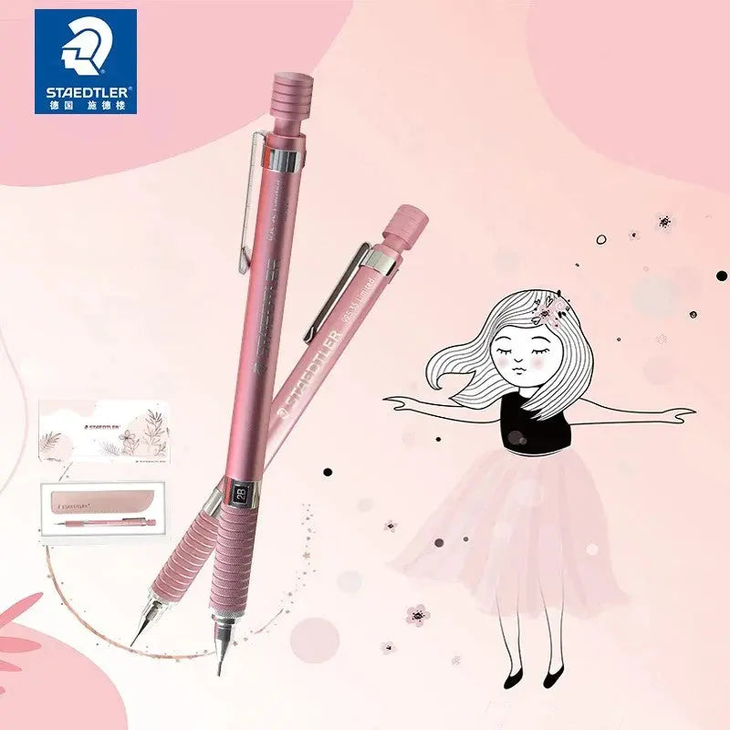 Staedtler 925-35 pembe versatil kalemler, pembe zeminli tanıtım karesinde çizim figürü ve kutusuyla
