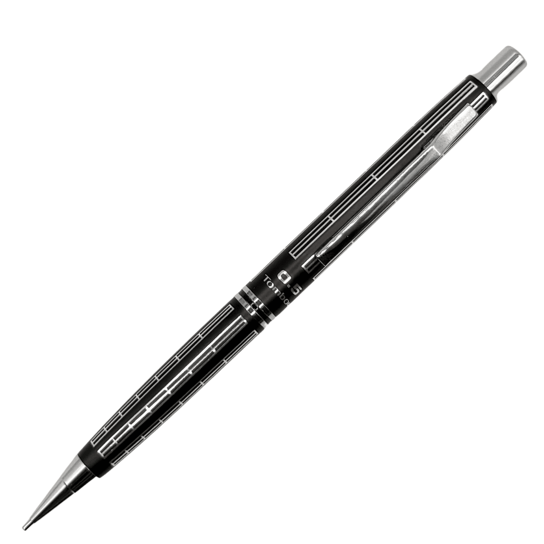 Tombow vintage metal versatil kalem, siyah gövdede gümüş geometrik desen, çapraz tam boy, 0.5 mm