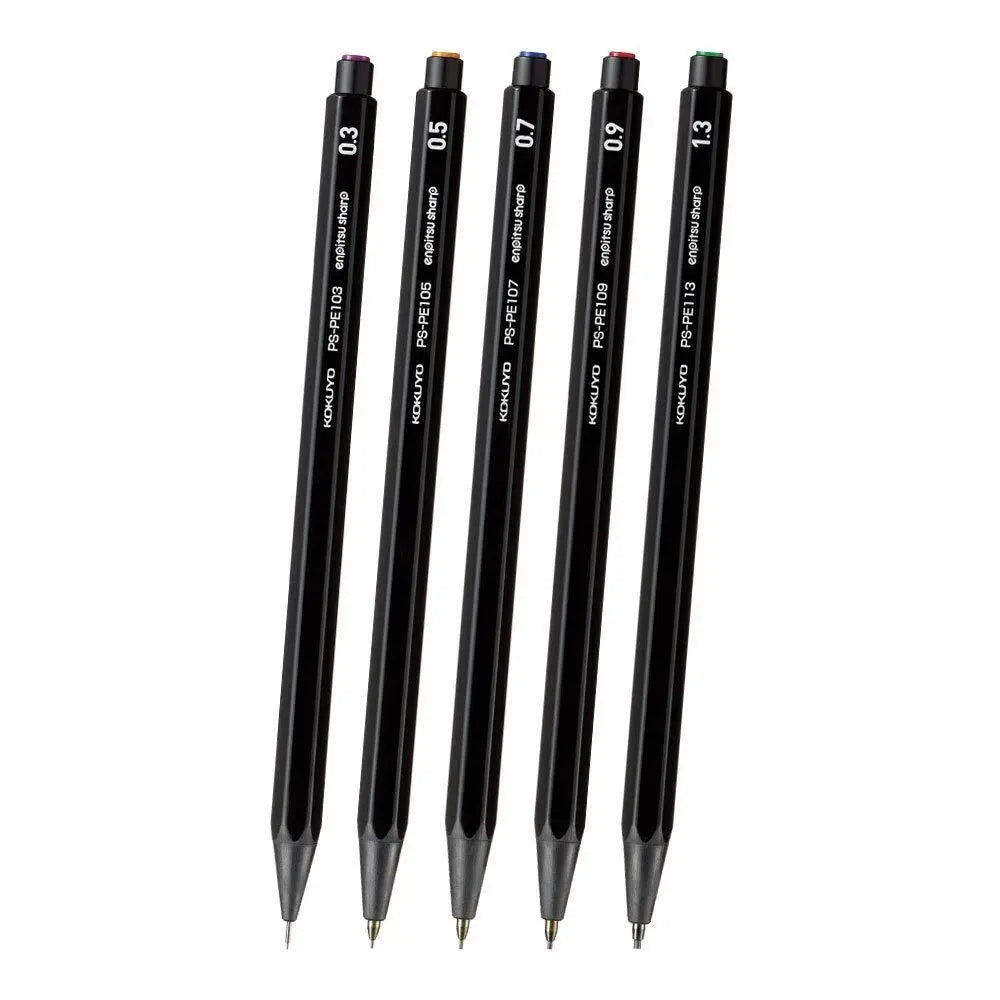 Kokuyo Enpitsu Sharp versatil kalem siyah gövde beş uç kalınlığında yan yana; 0.3, 0.5, 0.7, 0.9 ve 1.3 mm