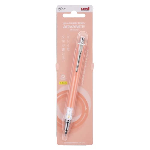 Uni Kuru Toga Advance somon pembe kalem, Coral Pink yazan pembe blister ambalajının içinde, 0.3 mm