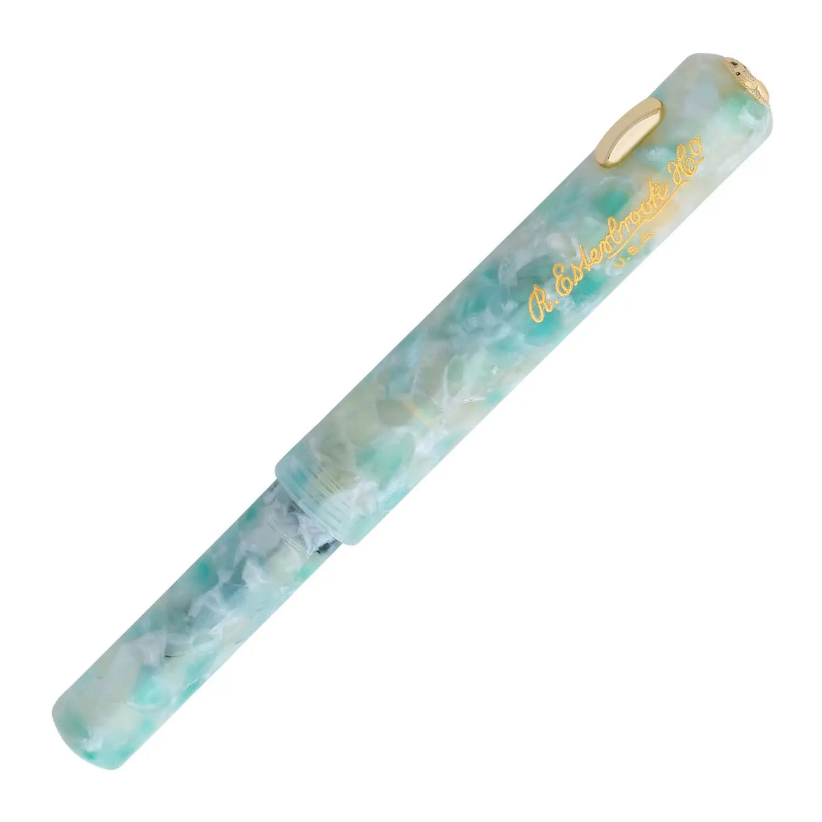Esterbrook Niblet Sea Glass Gold kapalı haliyle, altın klips ve turkuaz beyaz reçine deseni