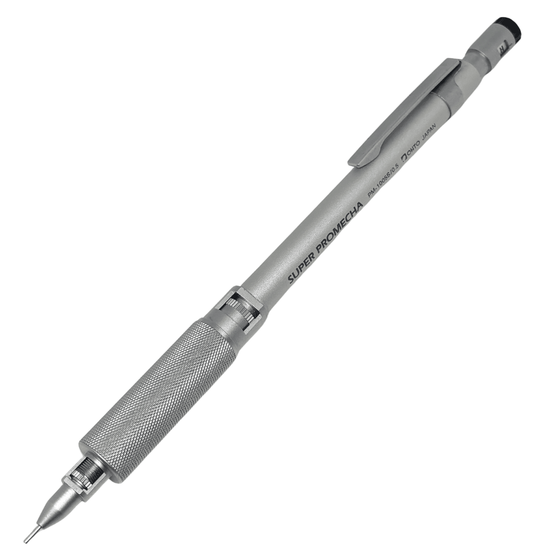 Ohto Super Promecha vintage versatil kalem, mat gümüş metal gövde ve tırtıklı kavrama, tam boy çapraz görünüm, 0.5 mm