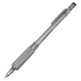 Ohto Super Promecha vintage versatil kalem, mat gümüş metal gövde ve tırtıklı kavrama, tam boy çapraz görünüm, 0.5 mm