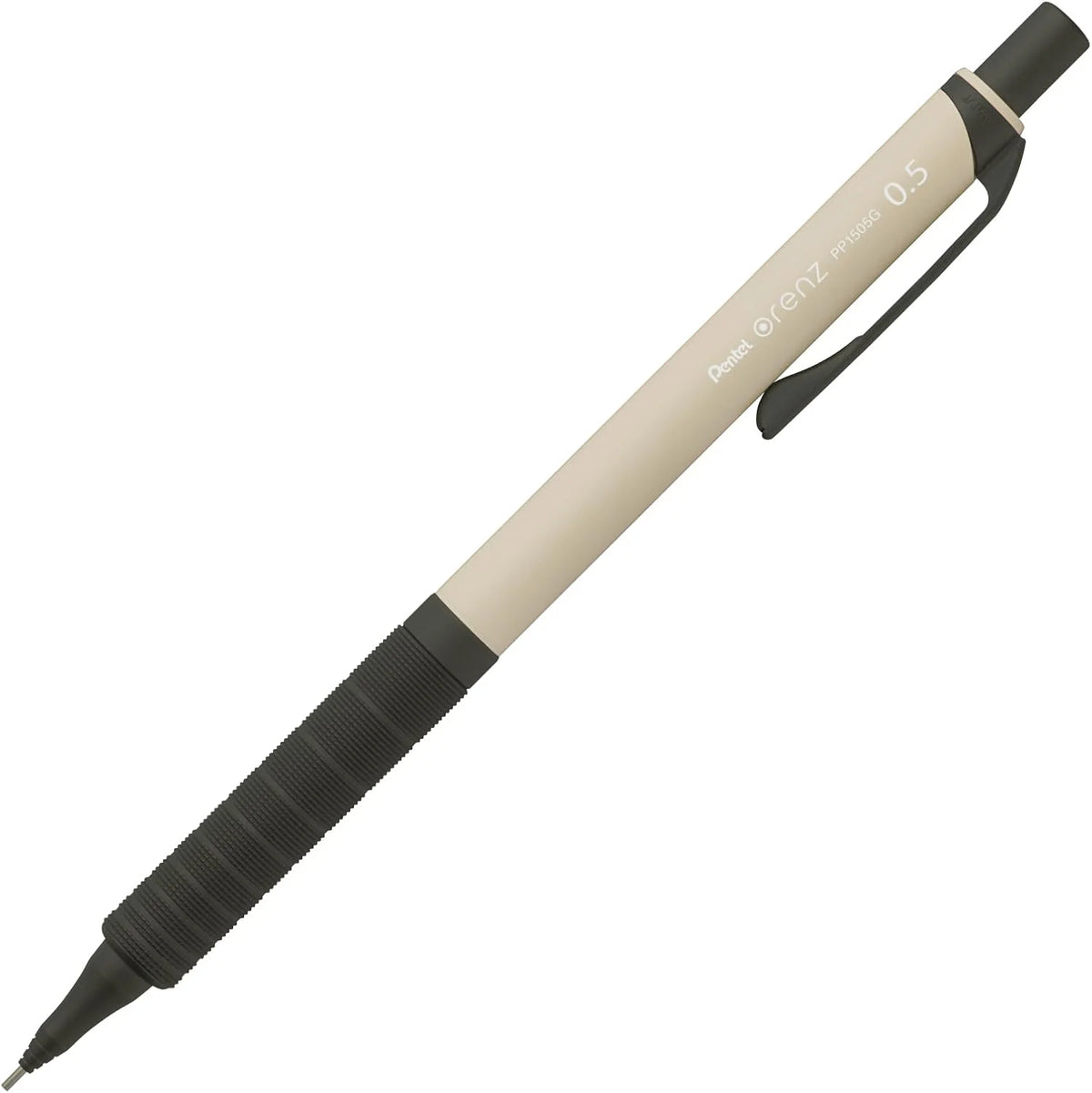 Pentel Orenz mat bej gövde ve siyah lastik kavrama, klipste 0.5 yazısı