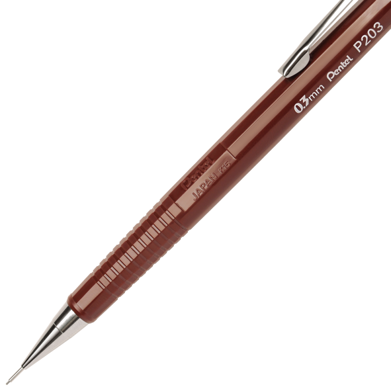 Pentel P203 kalemin yivli kahverengi kavrama bölümü ve ince metal ucu yakın çekim