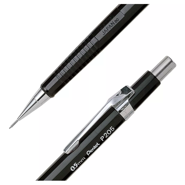 Pentel P205 kalemin iki detayı bir arada, tırtıklı kavrama ile uç ve krom klipsli üst gövde
