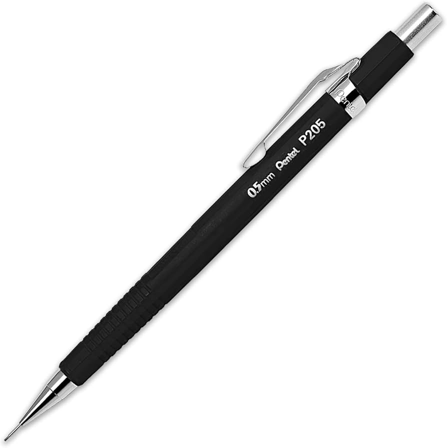 Pentel P205 versatil kalem siyah gövde, krom klips ve tırtıklı kavrama, tam boy, 0.5 mm