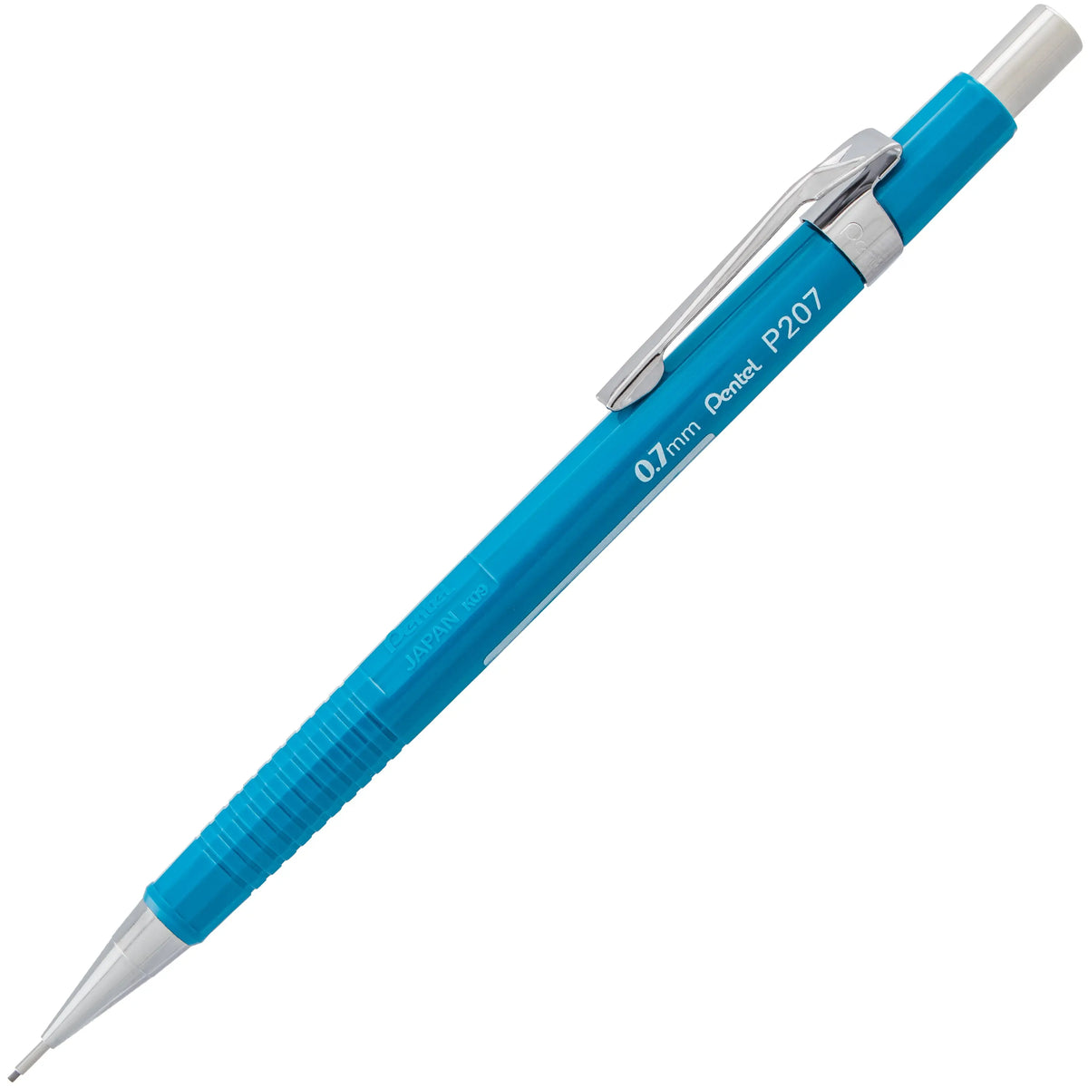 Pentel P207 versatil kalem mavi gövde, krom klips ve beyaz silgi başlık, 0.7 mm