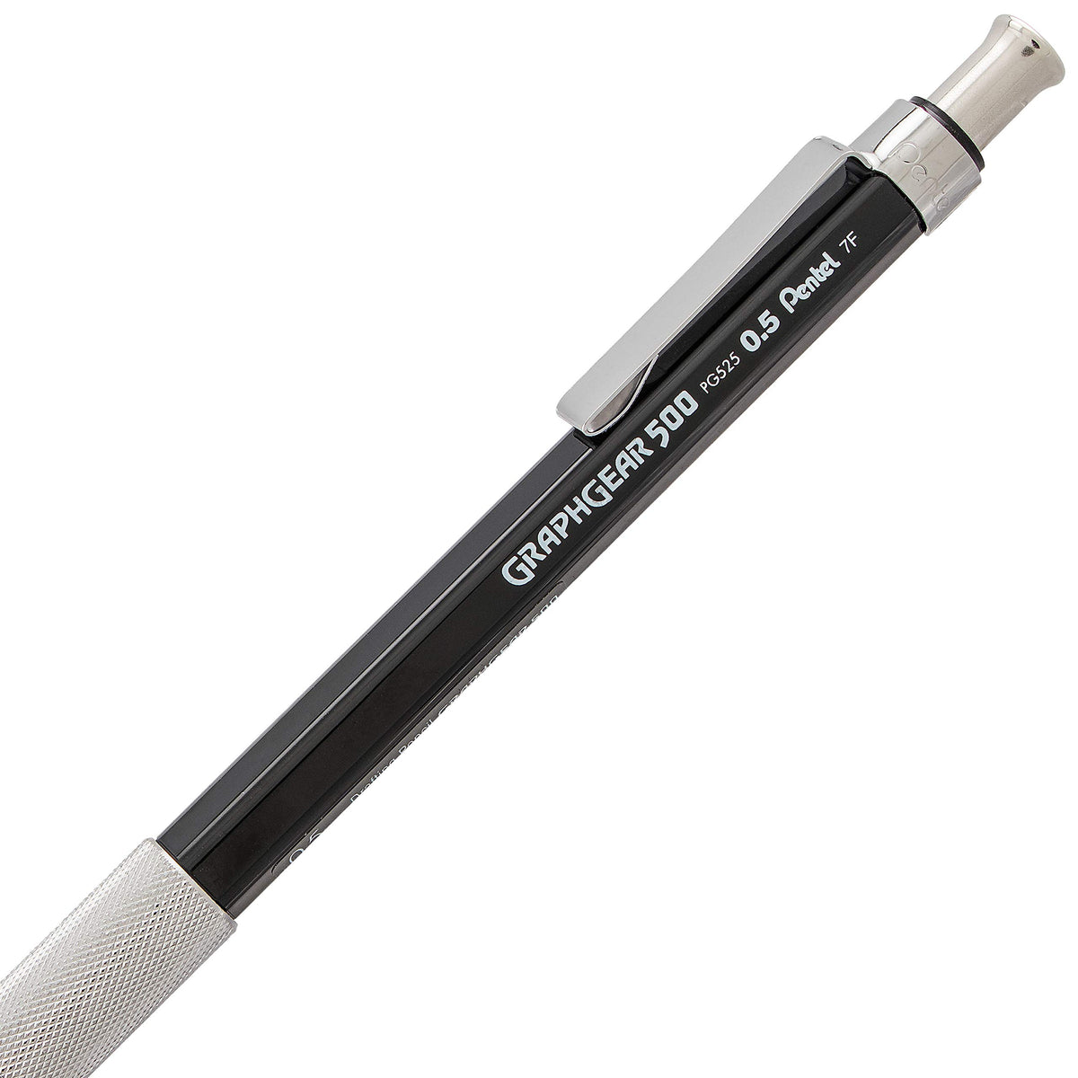 Pentel Graphgear 500 gövdesinde PG525 0.5 Pentel 7F baskısı, klips ve başlık