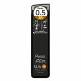 Pentel Ain min tüpü siyah, 0.5 mm 3B baskısı ve kapağın nasıl açılacağını gösteren şema
