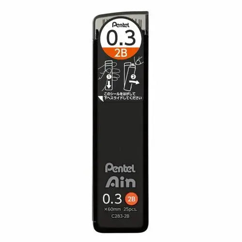 Pentel Ain 0.3 mm 2B versatil kalem ucu tüpü, siyah kapak ve turuncu 2B etiketi, 25 adet
