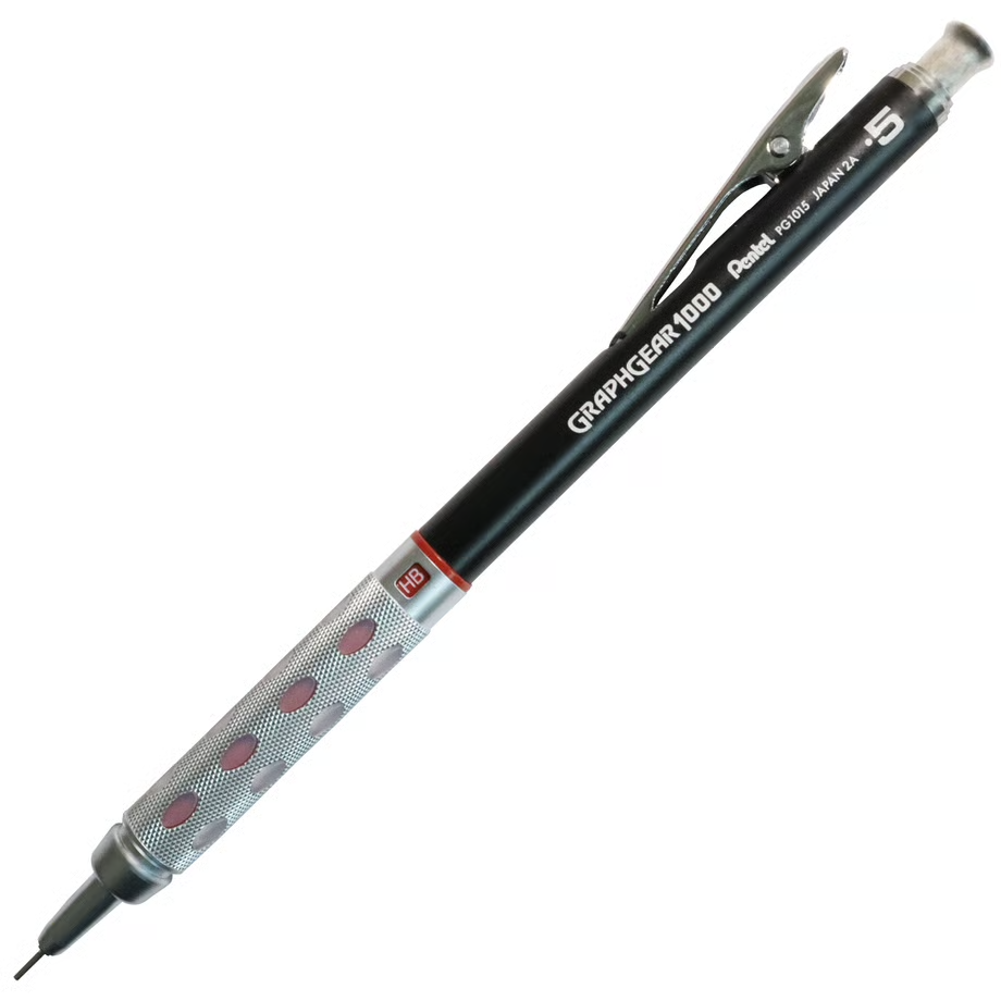 Pentel Graphgear 1000 kalemin metal kavraması, HB göstergesi ve kırmızı halkası, yakın açı