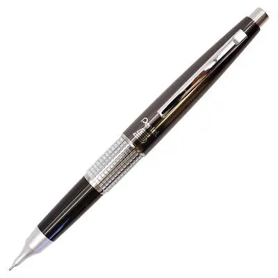 Pentel Kerry koyu gri kalem, kapağı arkaya takılmış kullanım pozisyonunda ve ucu dışarıda