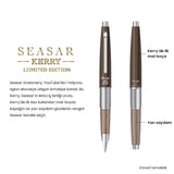 Pentel Kerry Seasar kalemin kapaklı ve kapaksız çizimi; mat boyalı kapak ve yarı saydam gövde işaretli