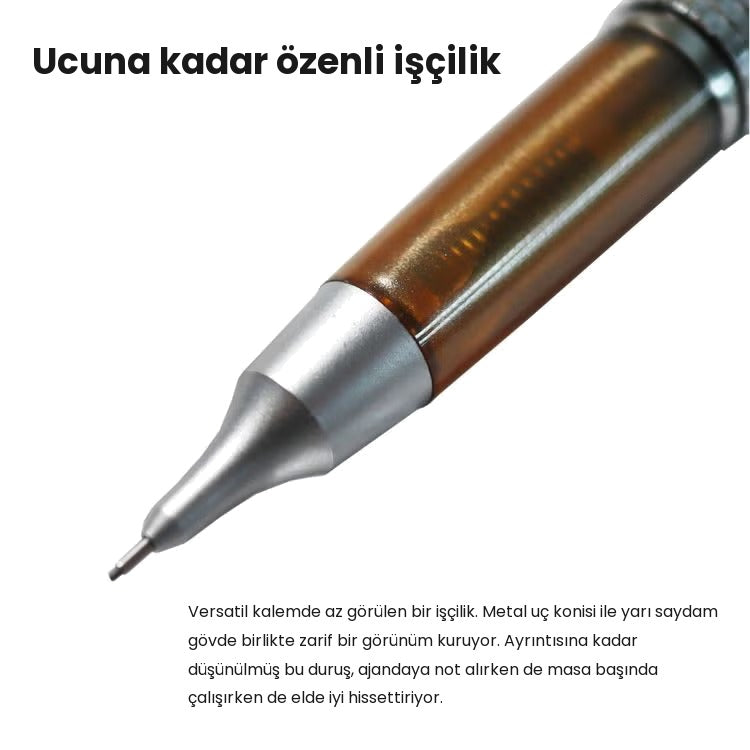 Pentel Kerry Seasar metal uç konisi ve yarı saydam bal rengi gövde yakın çekim, 0.5 mm