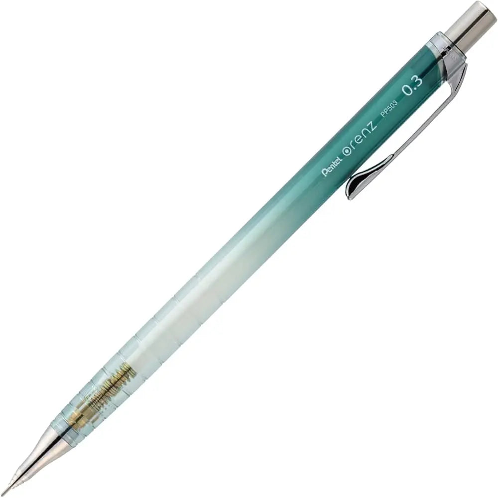 Pentel Orenz 10. yıl limitli versatil kalem, turkuazdan beyaza geçen şeffaf gövde ve çelik klips, 0.3 mm