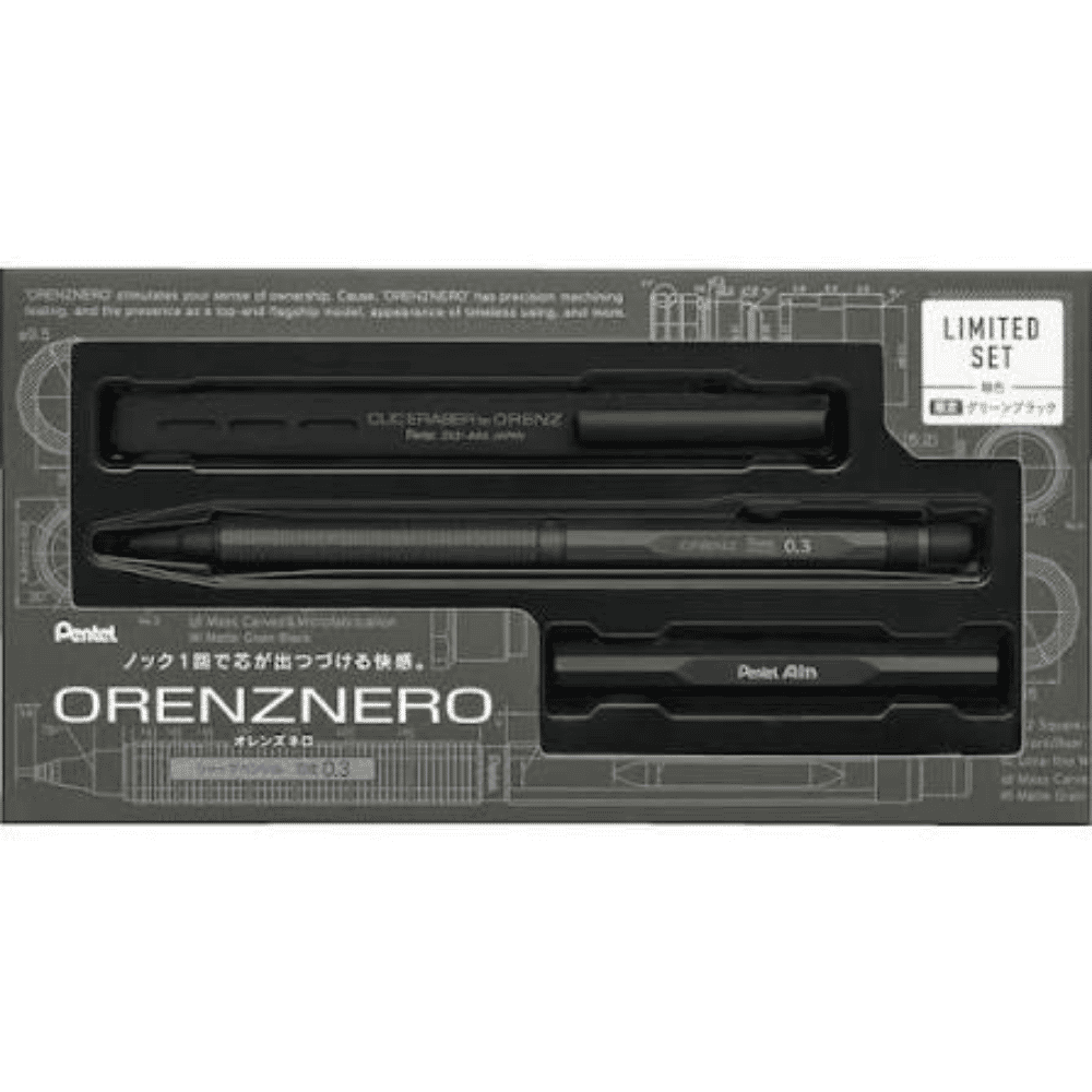 Orenz Nero limitli setin kapalı kutusu, gri teknik çizim zeminde Limited Set etiketi ve ORENZNERO yazısı
