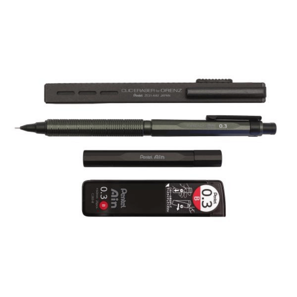 Orenz Nero setinin kutudan çıkmış parçaları: Clic Eraser silgi, 0.3 mm kalem, metal uç kutusu ve Ain 0.3 B uç tüpü