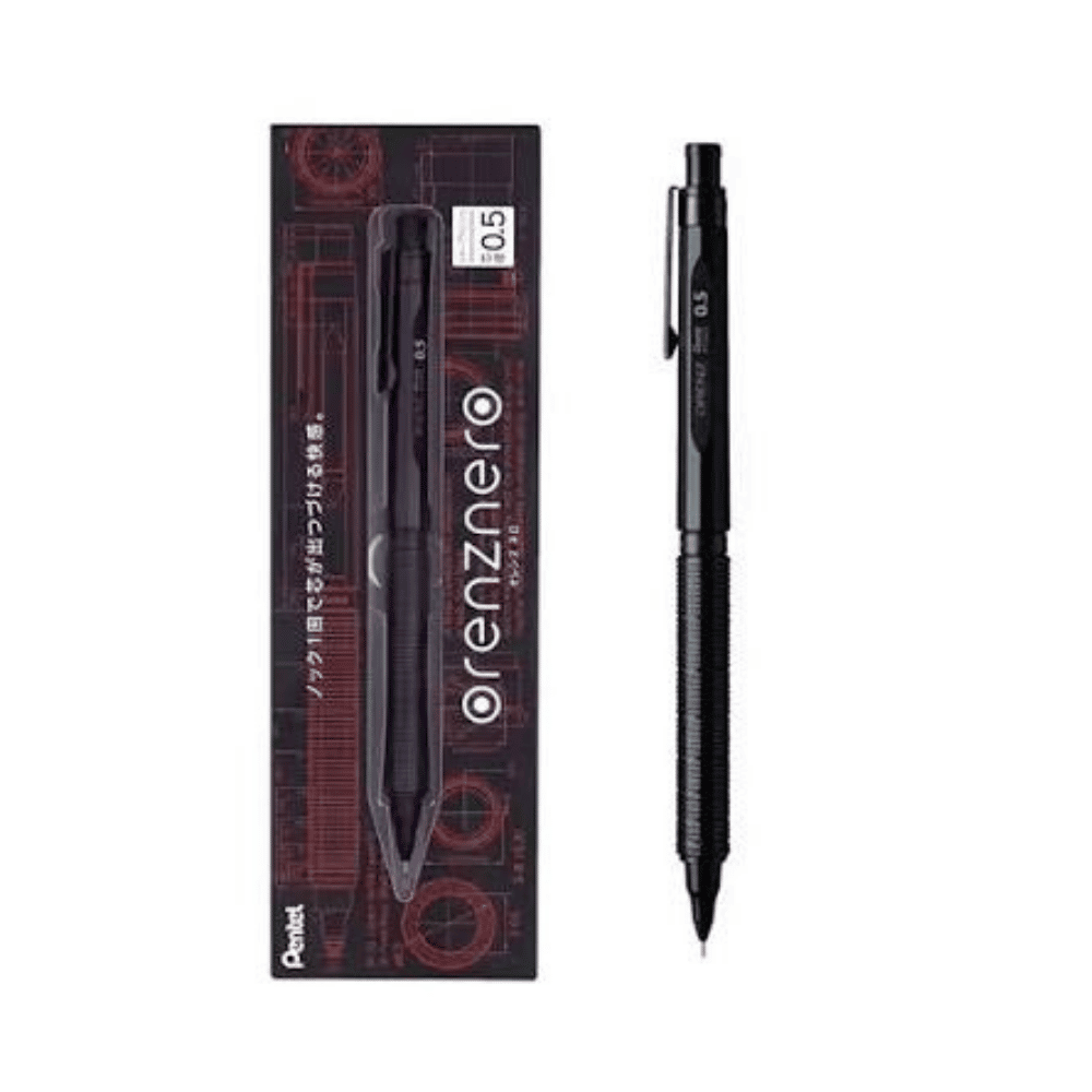 Pentel Orenz Nero ambalajı ile kalem yan yana; kutuda orenznero yazısı ve teknik çizim deseni