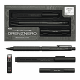 Pentel Orenz Nero limitli set kutusu ve içeriği alt alta: mat yeşil siyah versatil kalem, silgi, uç kutusu, 0.3 mm