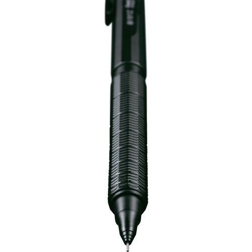 Pentel Orenz Nero kalemin ince tırtıklı kavraması ve koruyucu uç borusu dikey yakın çekim