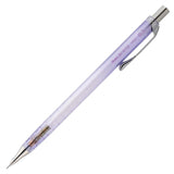 Pentel Orenz 10. yıl limitli versatil kalem, lila şeffaf gövde ve çelik klips, tam boy çapraz görünüm, 0.3 mm