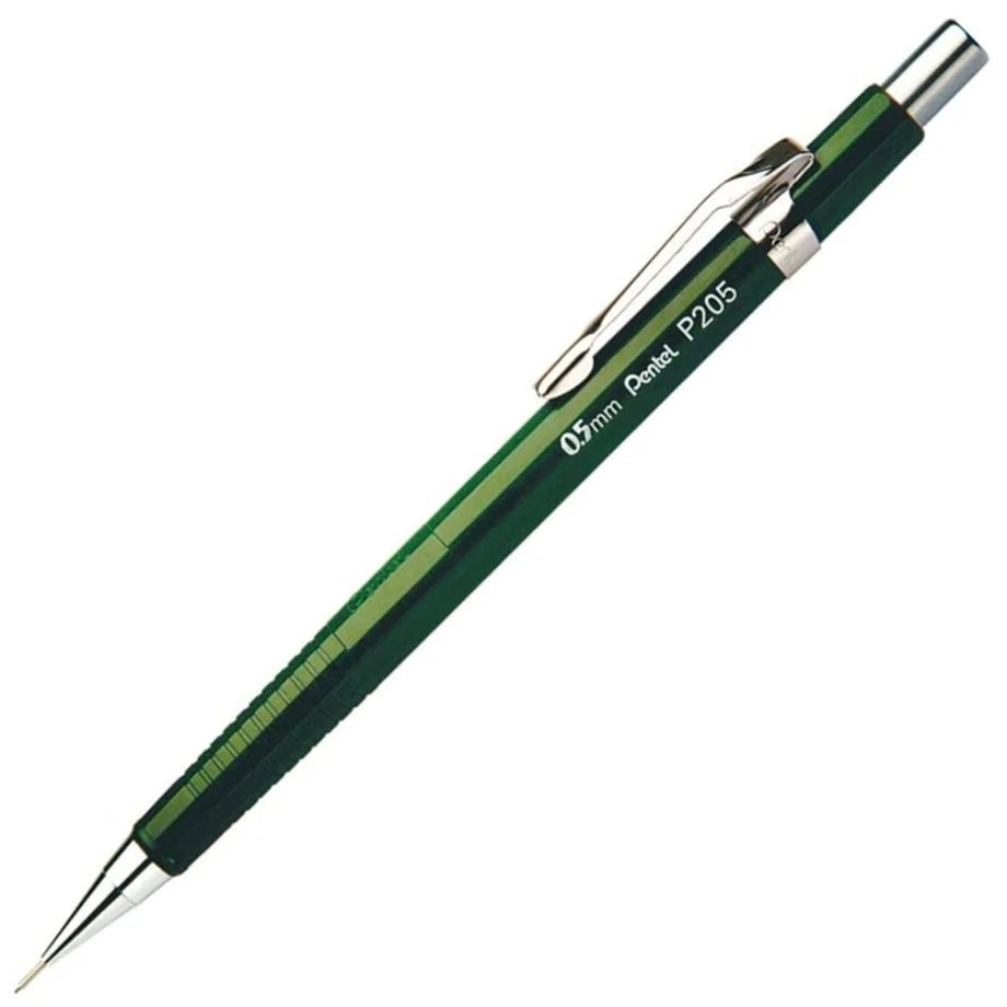 Pentel P205 versatil kalem yeşil gövde, krom klips ve ince metal uç, açılı tam boy, 0.5 mm