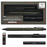 Pentel Orenz Nero limitli set kutusu ve içeriği; yeşil siyah kalem, silgi, uç kutusu ve metal uç kabı, 0.5 mm