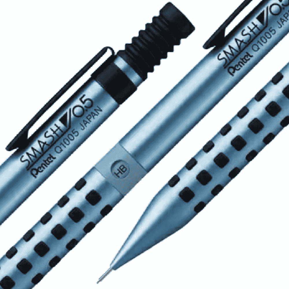 Pentel Smash mavi gövdedeki SMASH 0.5 Q1005 yazısı, HB penceresi ve uç detayı