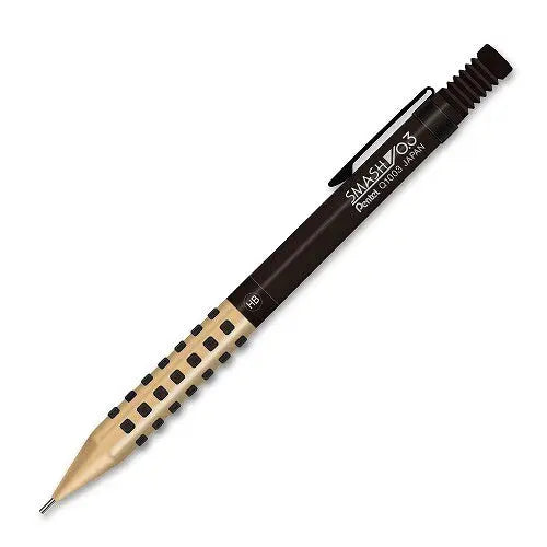 Pentel Smash versatil kalem 0.3 mm, siyah gövde ve altın rengi kavrama, siyah kabartma noktalar, HB