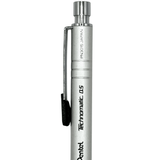 Pentel Technomatic gümüş üst gövde dikey duruşta, tıklama başlığı, klips ve model yazısı
