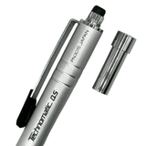 Pentel Technomatic tıklama başlığı çıkarılmış, altındaki siyah silgi ve uç haznesi görünür