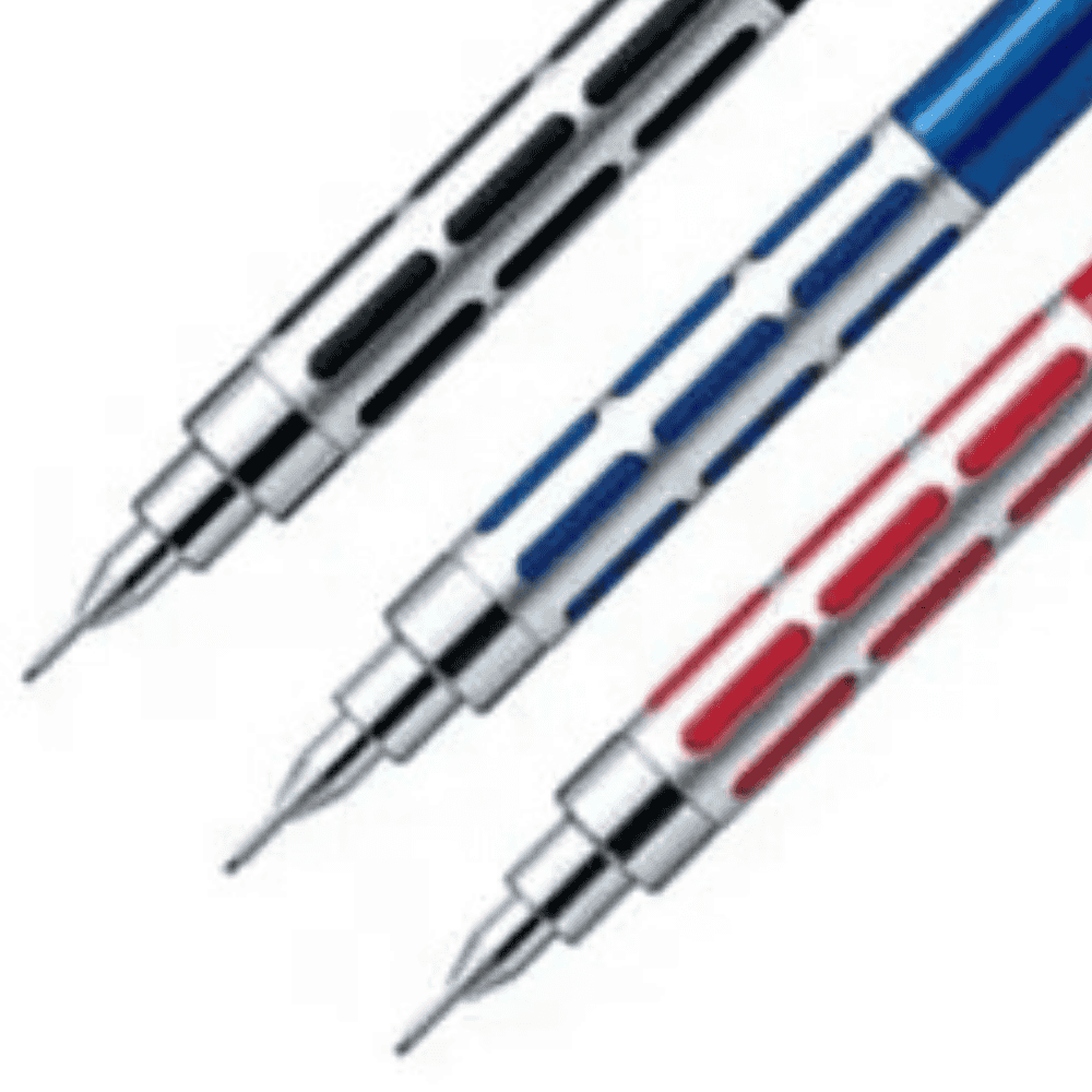Pentel Graph 1000 CS kalemlerin delikli lastik kavrama bölümleri ve ince uçları, siyah mavi kırmızı