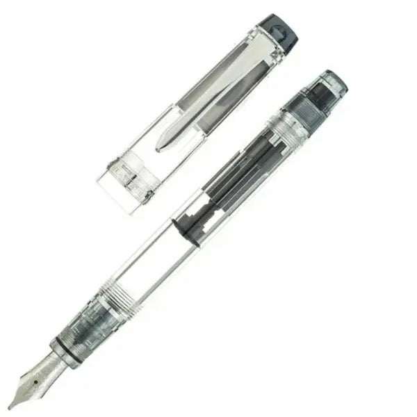 Pilot Custom Heritage 92 dolma kalem şeffaf gövde, kapağı açılmış, piston mekanizması görünür, bold